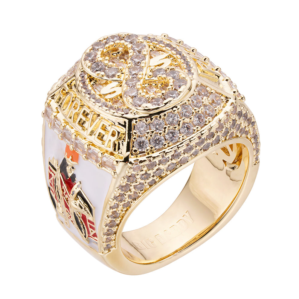 Gold baguette iced out CZ ring with CZ pave and 'Rich Forever' insignia