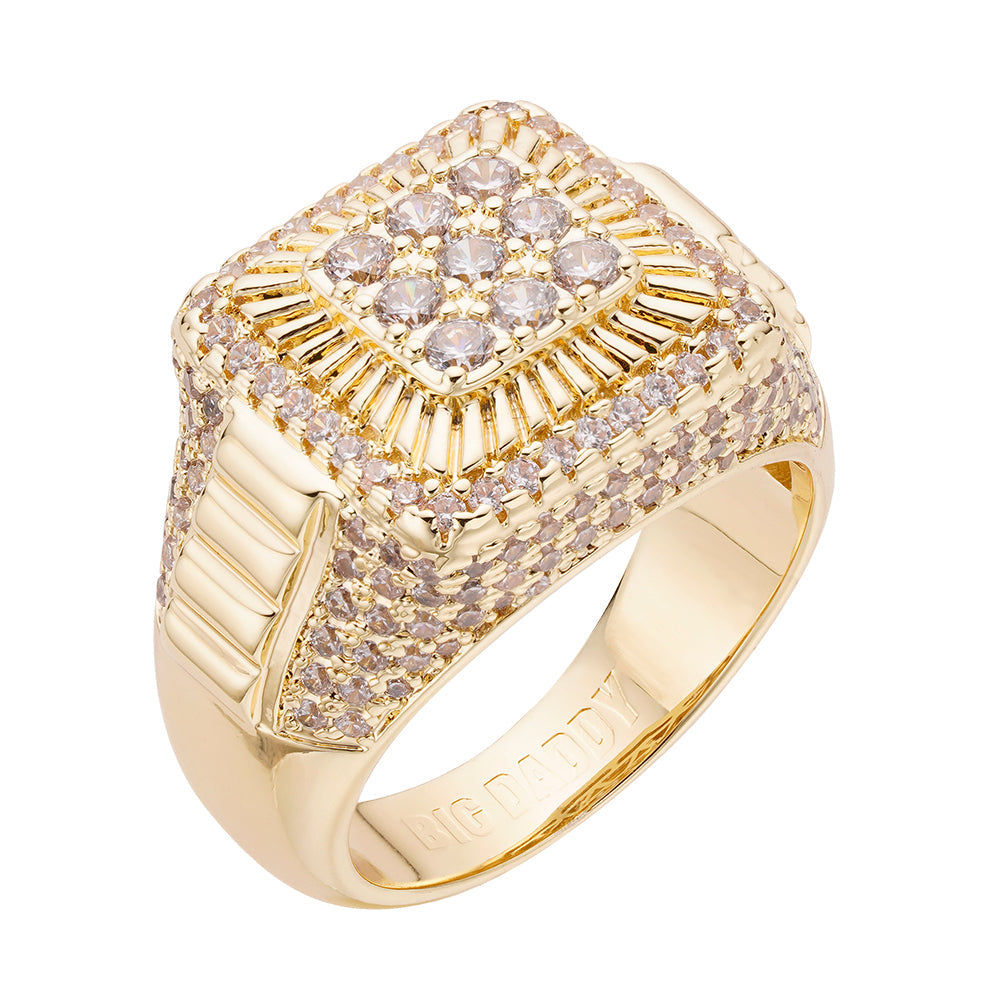 Gold-plated iced out CZ ring with square face and baguette accent stones