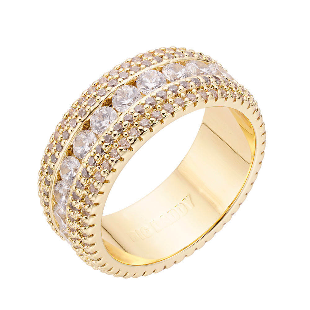 Gold iced out diamond ring with round and marquise CZ stones in wide band