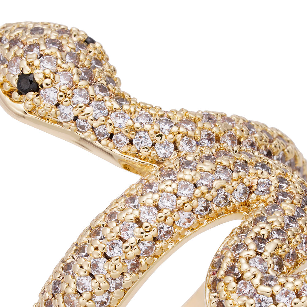 Close-up detail of iced out diamond pavΓ© coverage on snake ring