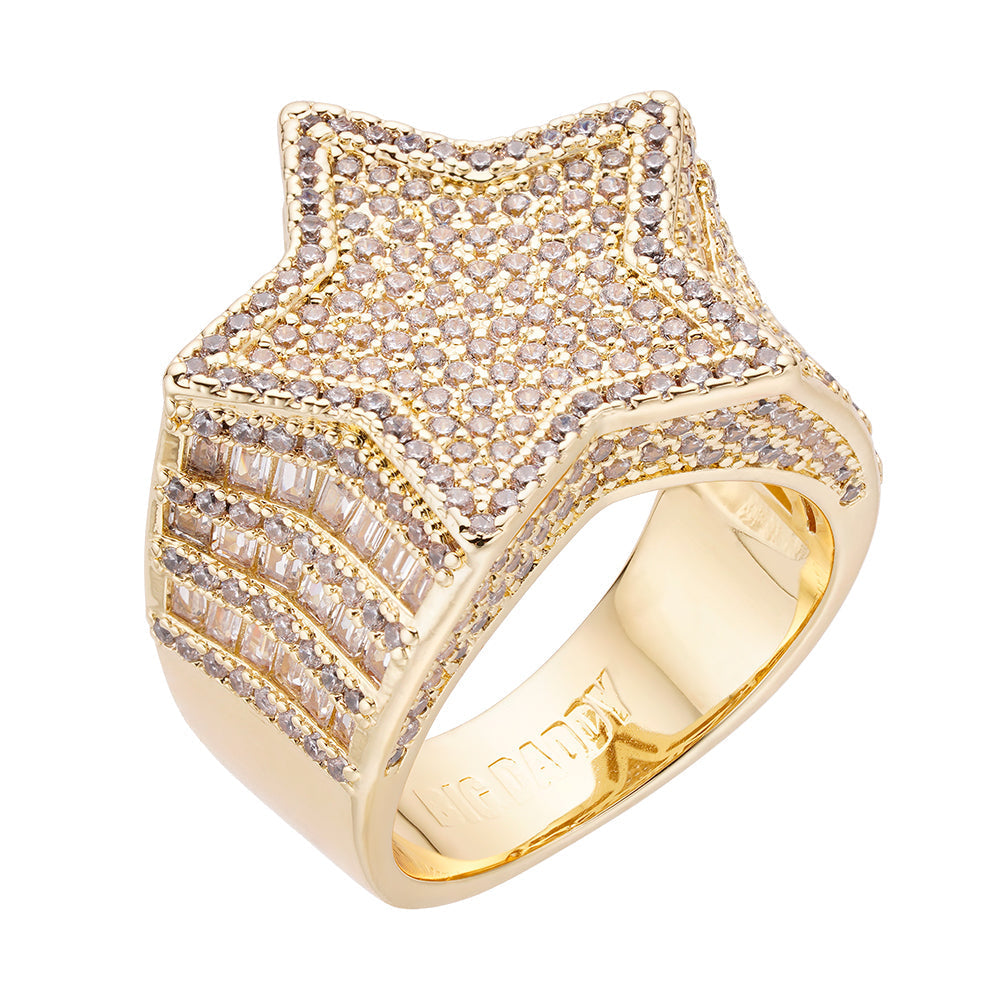 Big Daddy Big Star baguette CZ ring with gold plating and iced out crystals