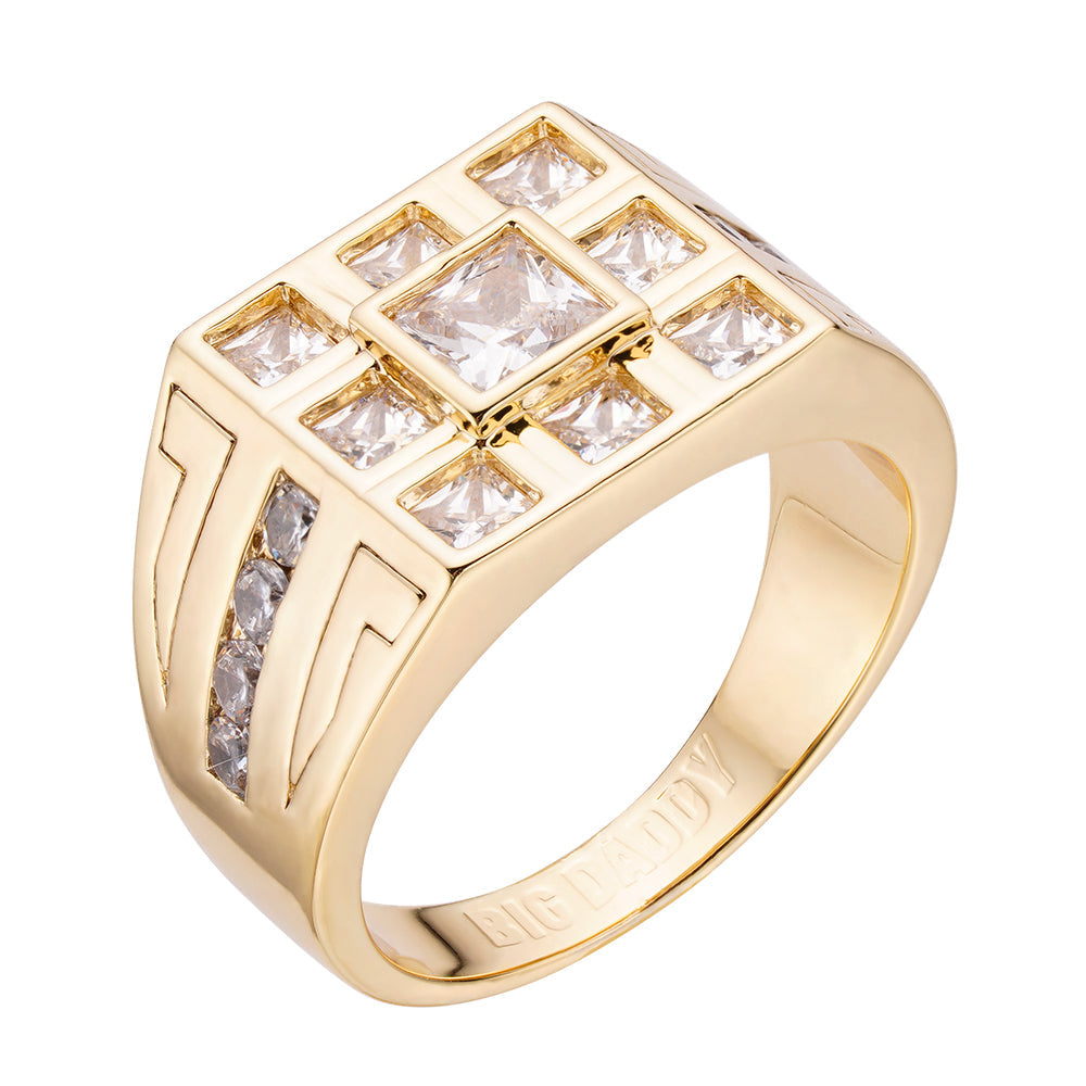 Gold-tone Big Daddy Stellar ring with square-cut CZ iced-out grid design