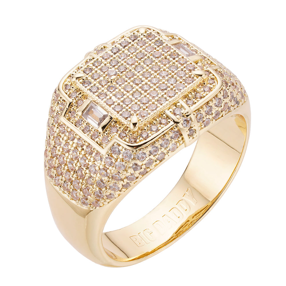 Gold iced out ring with full CZ cluster and square center stone, front view
