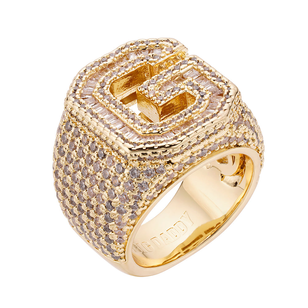 Gold iced out baguette CZ ring with full CZ coverage on band