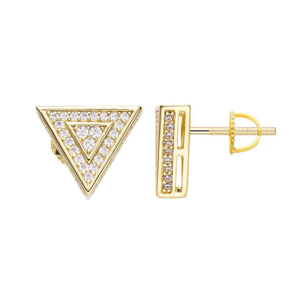 Gold triangle CZ stud earrings, front and side view showing iced out design