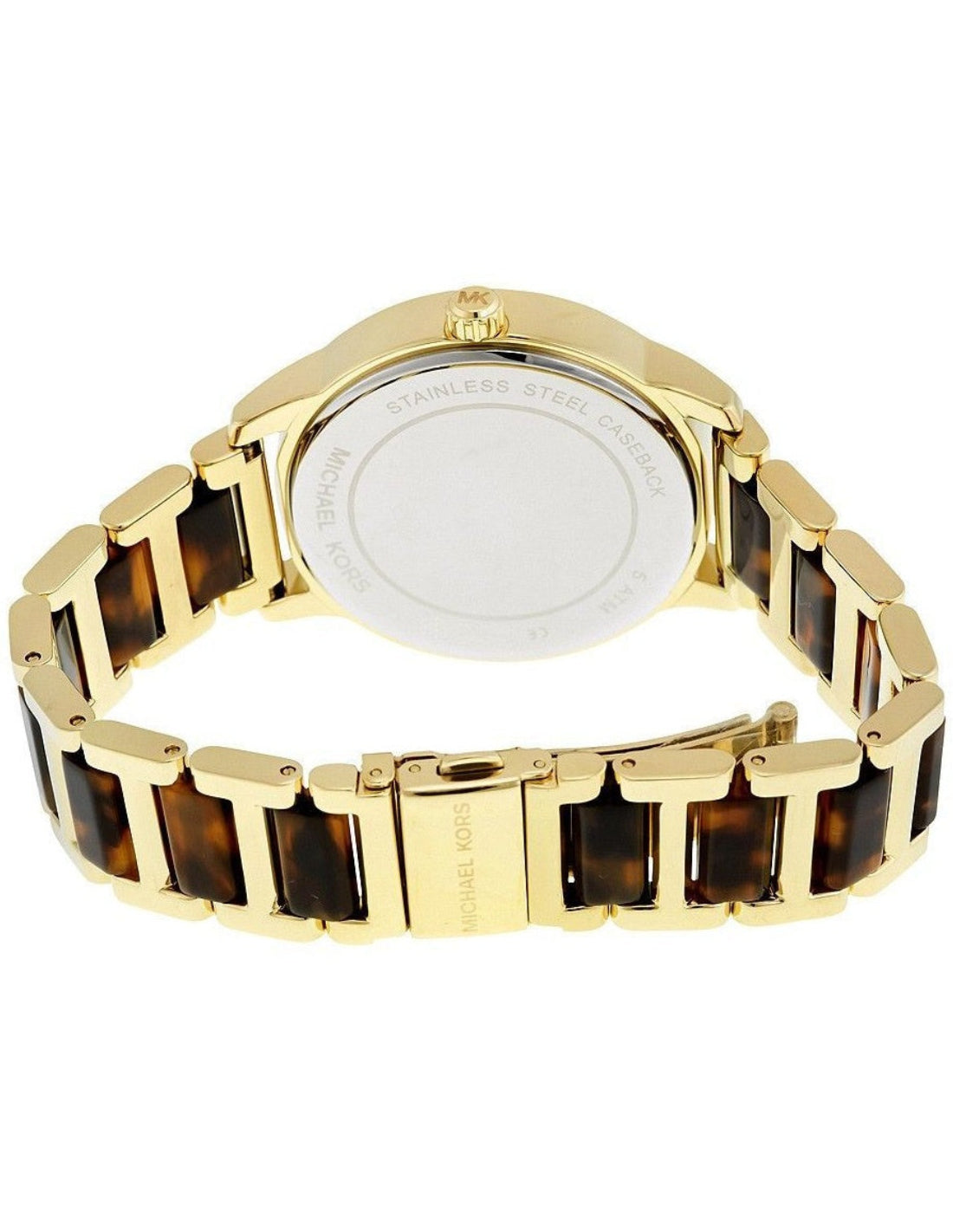 Michael Kors Kinley watch caseback showing gold and tortoise acetate bracelet pattern