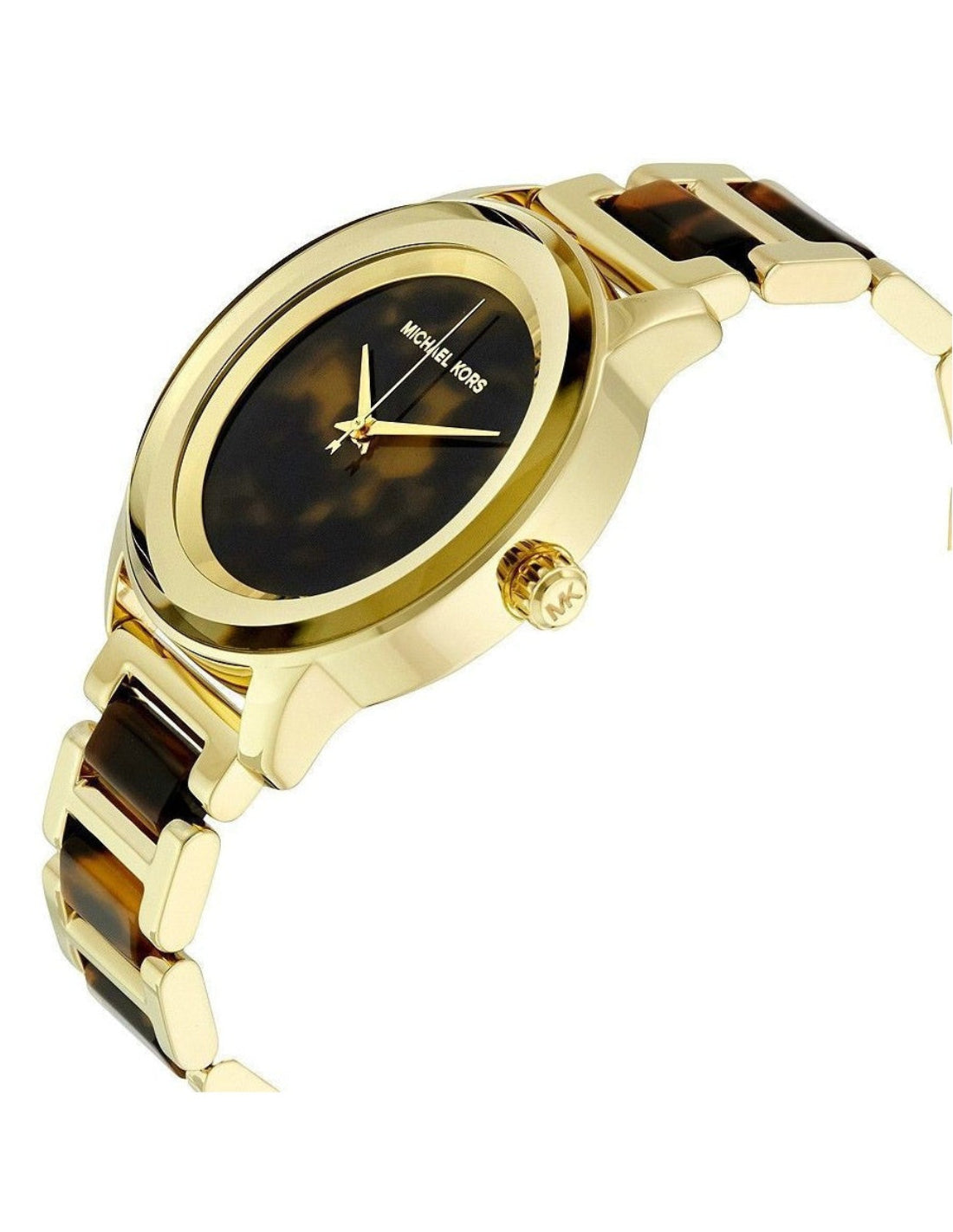 Michael Kors Kinley watch angled view showing gold case, tortoise dial, and side profile of bracelet