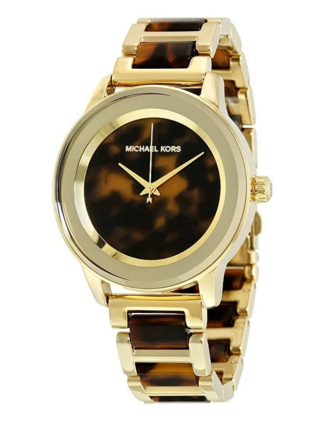 Michael Kors Kinley gold and tortoise acetate women's watch with round dial and mixed metal bracelet
