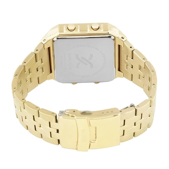 Gold digital watch worn on wrist showing full band and case