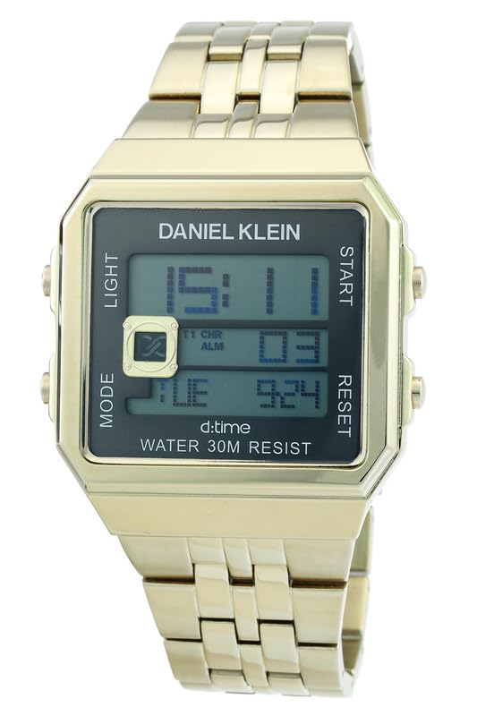 Daniel Klein gold digital watch with black LCD display and gold band