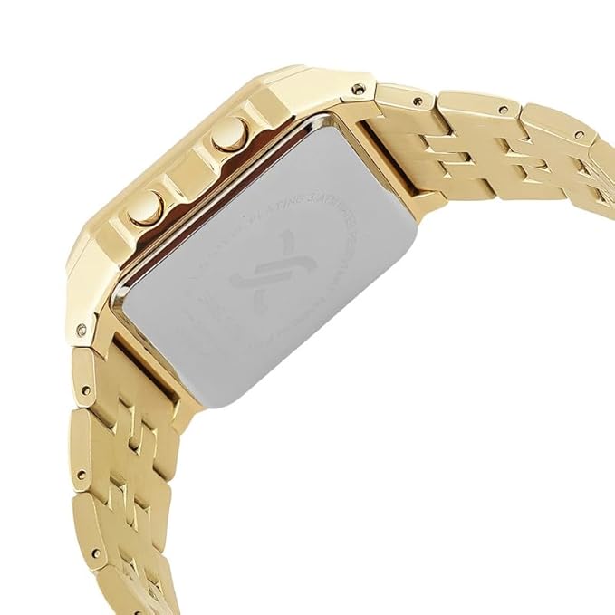Angled view of gold digital watch with metal band and buttons