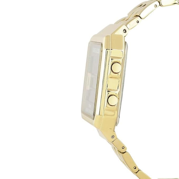 Side profile of gold digital watch showing case and band design