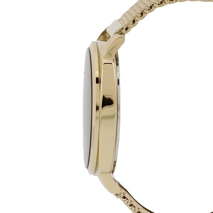 Side profile of rose gold digital watch showing case depth and mesh band