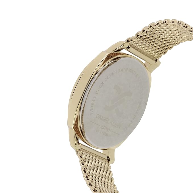 Rose gold watch case back with steel engraved text and mesh strap attachment