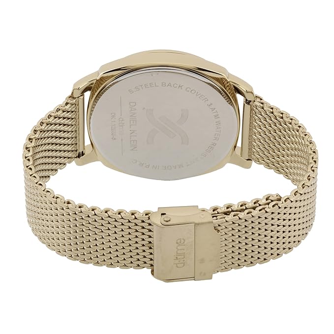 Rose gold watch back with mesh strap and fold-over clasp