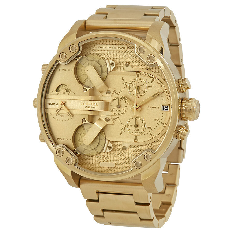 Diesel Mr. Daddy 2.0 all gold chronograph watch with dual dial design and link bracelet