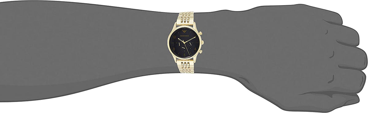 AR1893 chronograph watch on wrist showing full dial and gold-tone bracelet fit