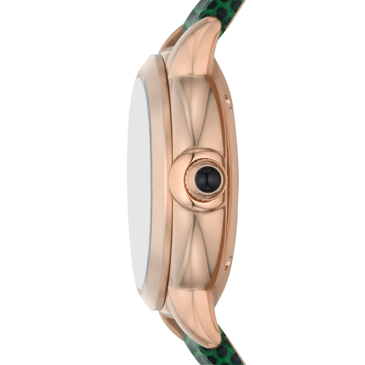Side view of Emporio Armani Mia watch with rose gold case and open heart window detail