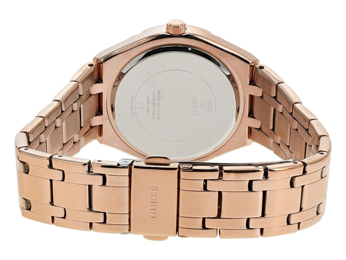 Watch caseback showing rose gold case and bracelet attachment