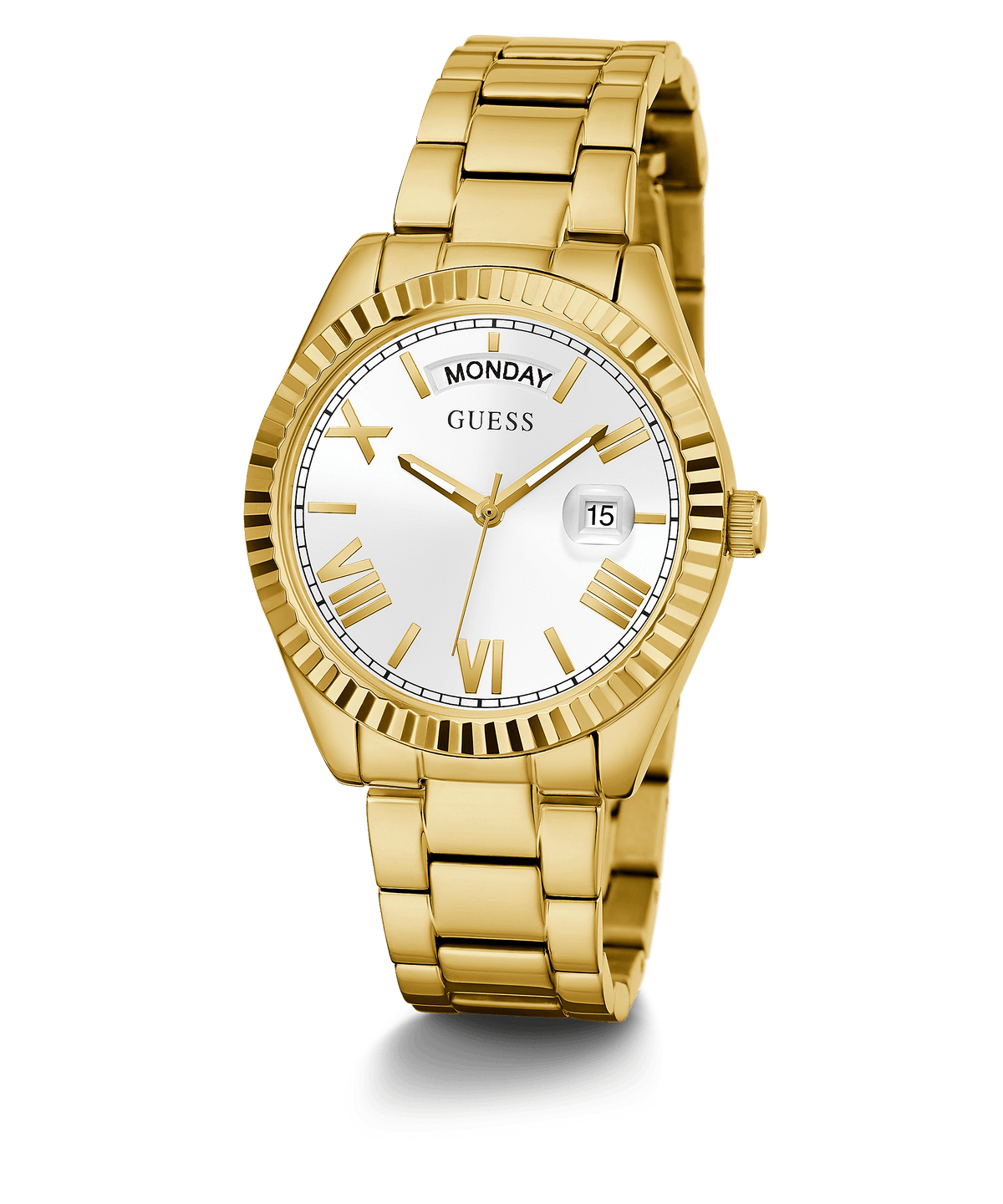 Guess Luna gold women's watch with white dial, gold Roman numerals, and gold-tone bracelet