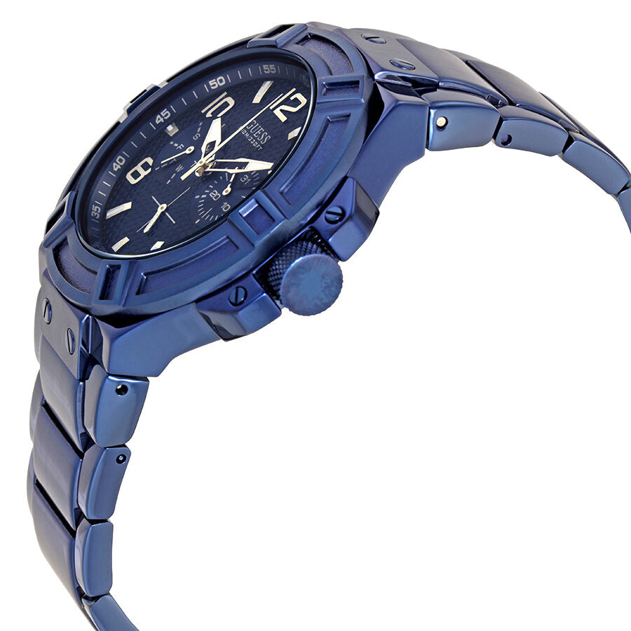 Guess Rigor blue watch shown at an angle displaying side profile of case and strap