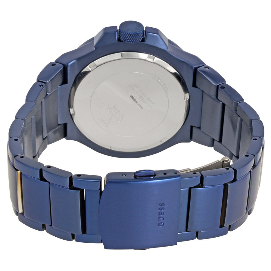 Guess Rigor watch case back showing blue stainless steel bracelet and clasp detail