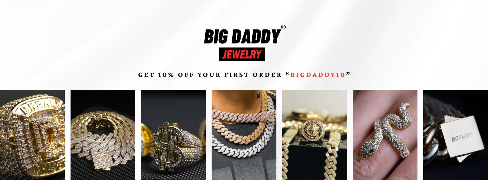 Promotional banner for Big Daddy Jewelry with various pieces of jewelry displayed.