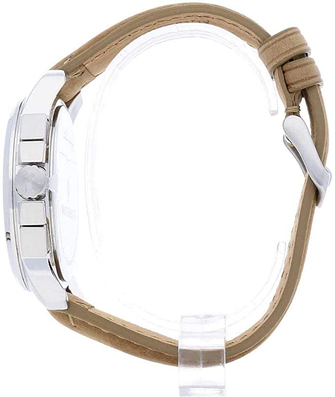 Maserati Successo watch displayed sideways showing case profile and beige leather strap