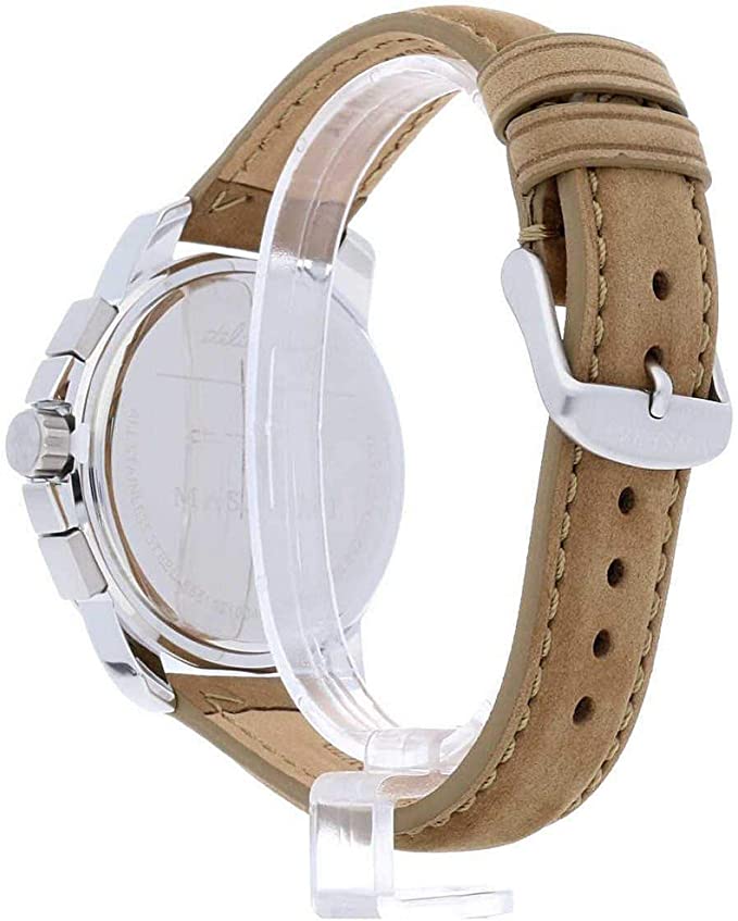 Beige leather strap detail of Maserati Successo watch with silver-tone chronograph case