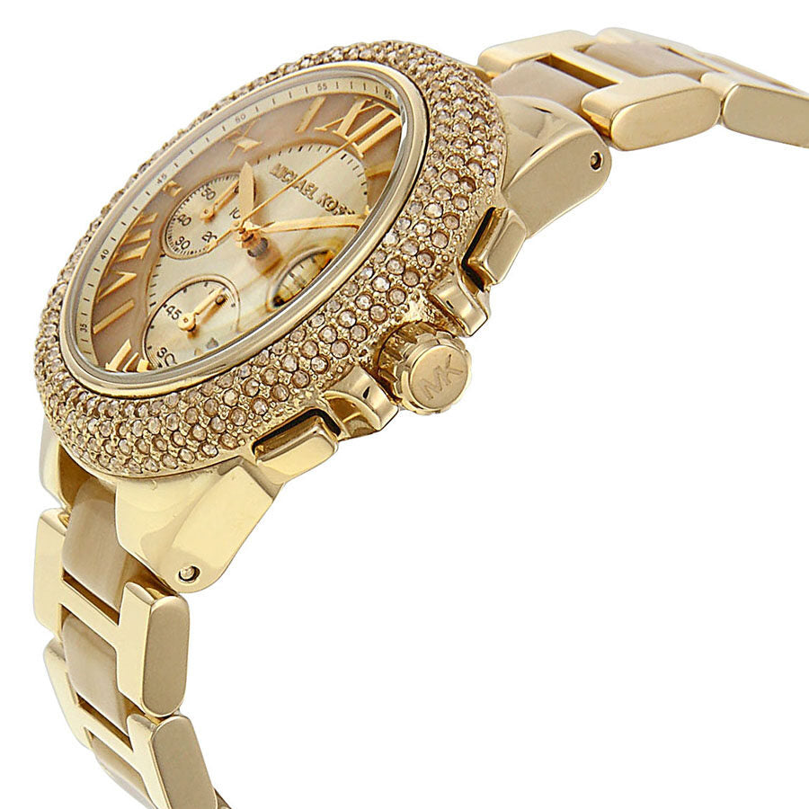 Side angle view of Camille MK5902 with gold and horn acetate bracelet strap