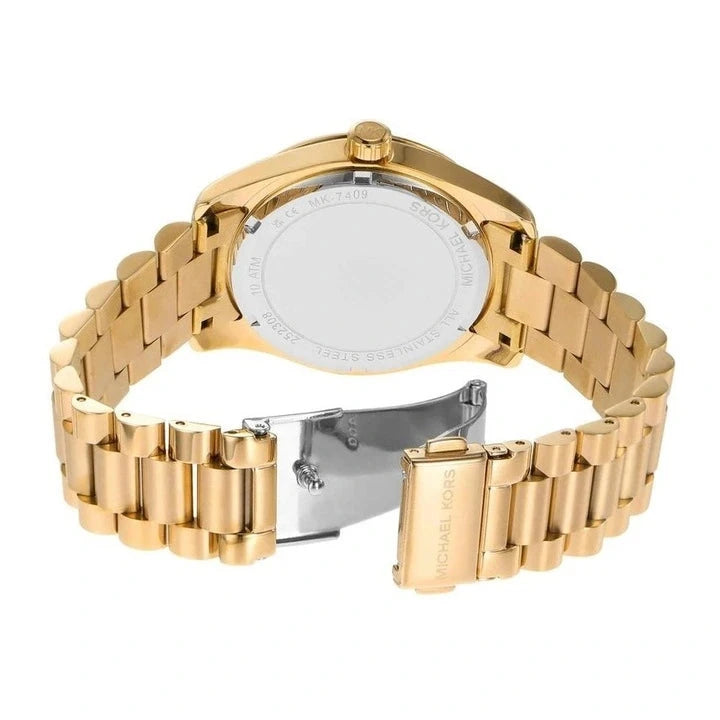 Michael Kors Lexington watch caseback showing dial and gold steel bracelet