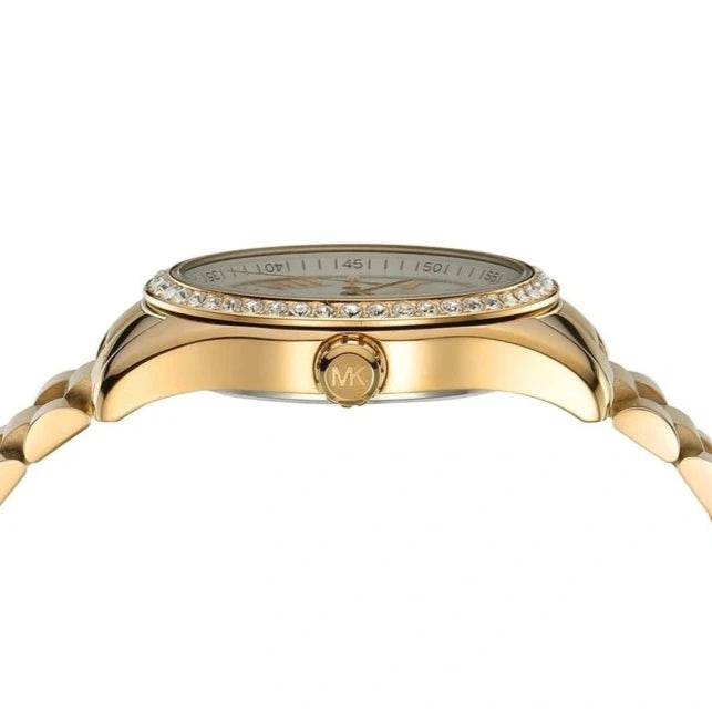 Top view of Michael Kors Lexington watch dial and bezel detail with crystals
