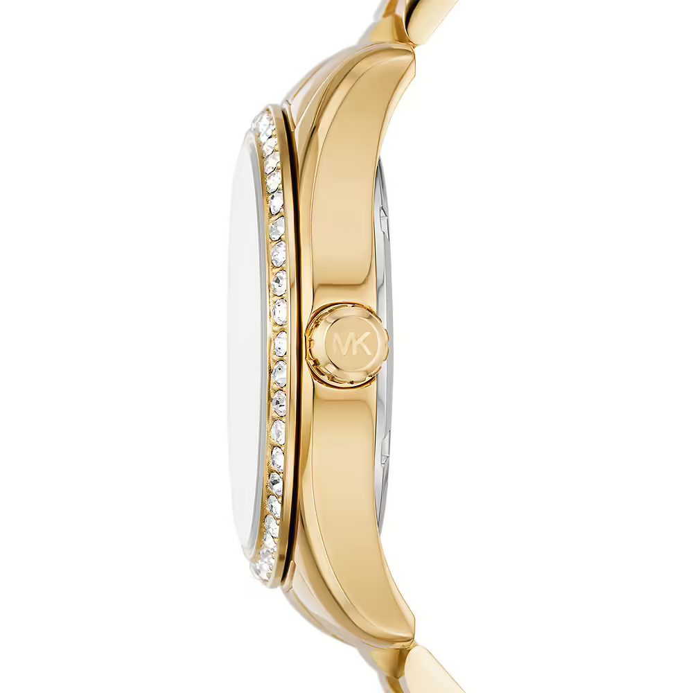 Side profile of Michael Kors Lexington watch with crystal bezel and gold case