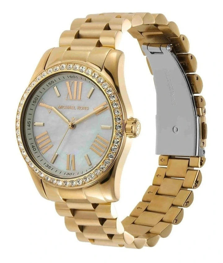 Michael Kors Lexington watch from 45-degree angle showing gold steel bracelet