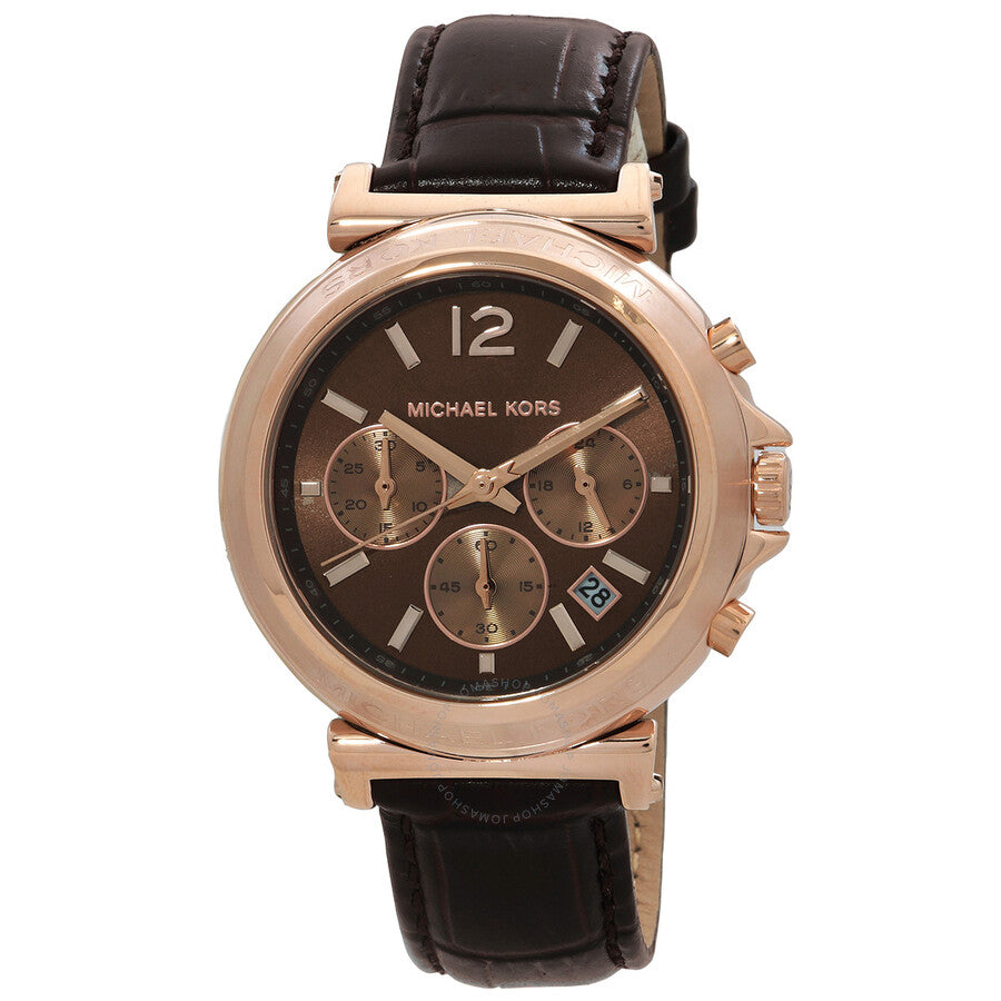 Michael Kors Maren Chronograph watch with brown dial, rose gold case, and black leather strap