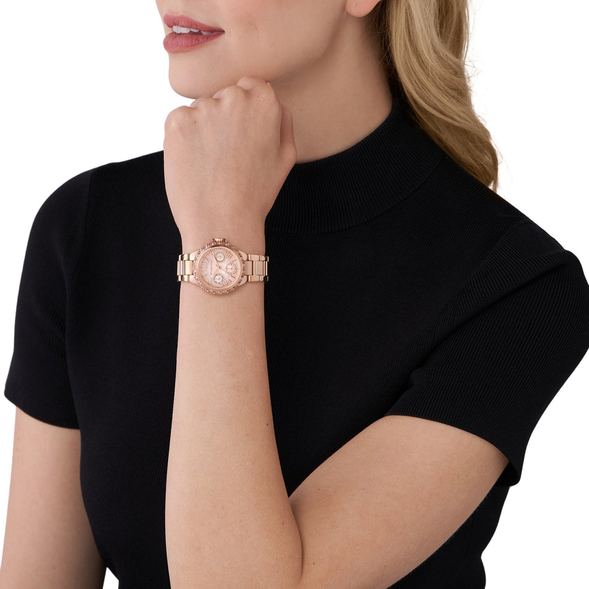 Michael Kors Mini Camille MK7273 watch worn on wrist with pink mother-of-pearl dial