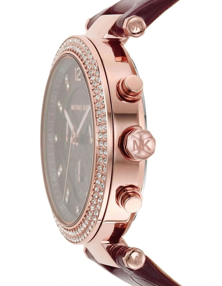 Michael Kors Parker MK6986 side view of rose gold case with diamond bezel and chronograph pushers