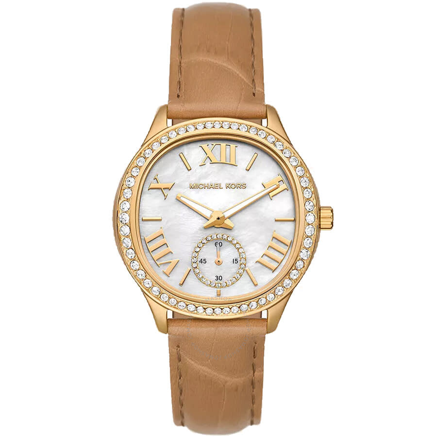 Michael Kors Sage gold-tone ladies watch with mother of pearl dial, crystal bezel, and tan leather strap