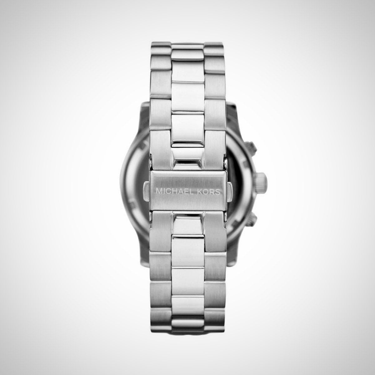 Michael Kors MK8314 watch case back showing stainless steel bracelet and engraved branding