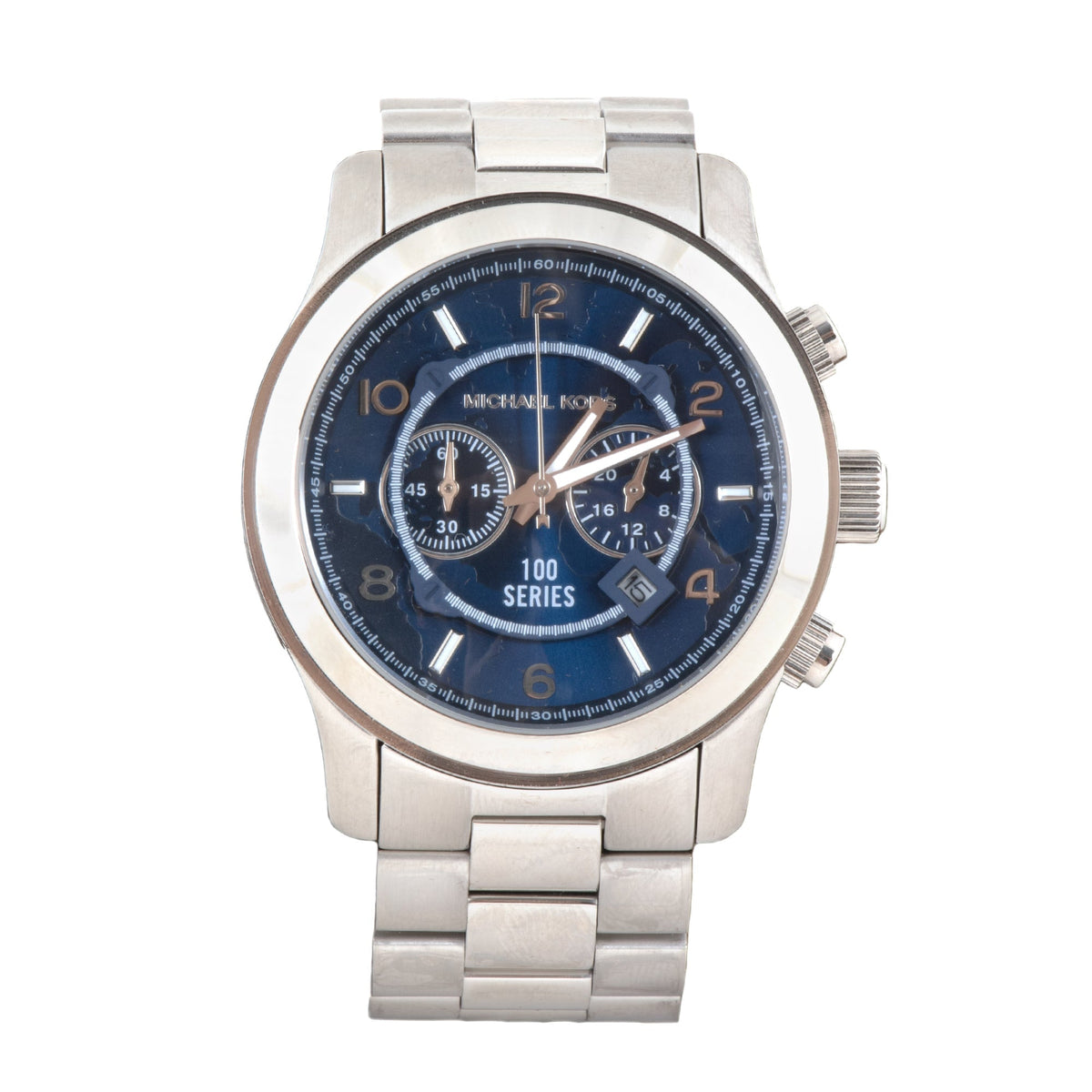 Michael Kors Stop Hunger chronograph silver men's watch with navy blue dial and subdials