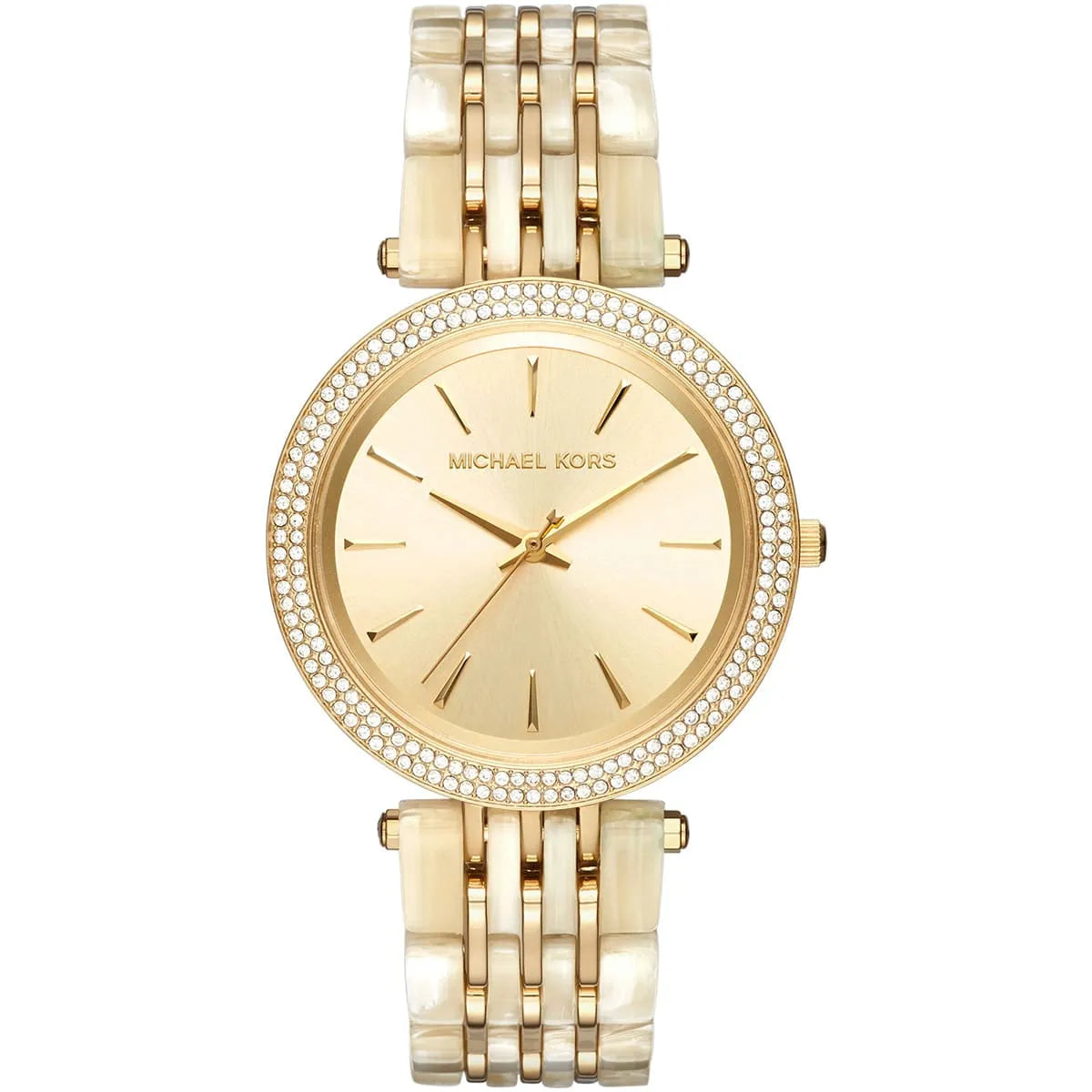 Gold Darci watch with Michael Kors branding, crystal bezel, and three-hand dial