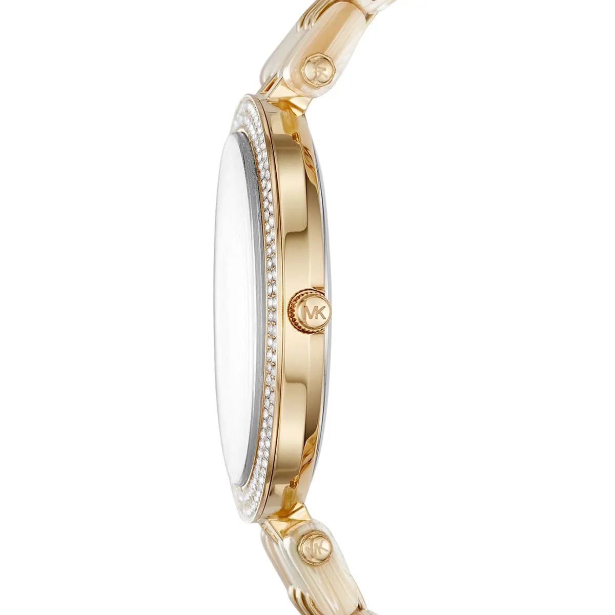 Side profile of Michael Kors Darci showing crystal-set bezel and gold bracelet strap