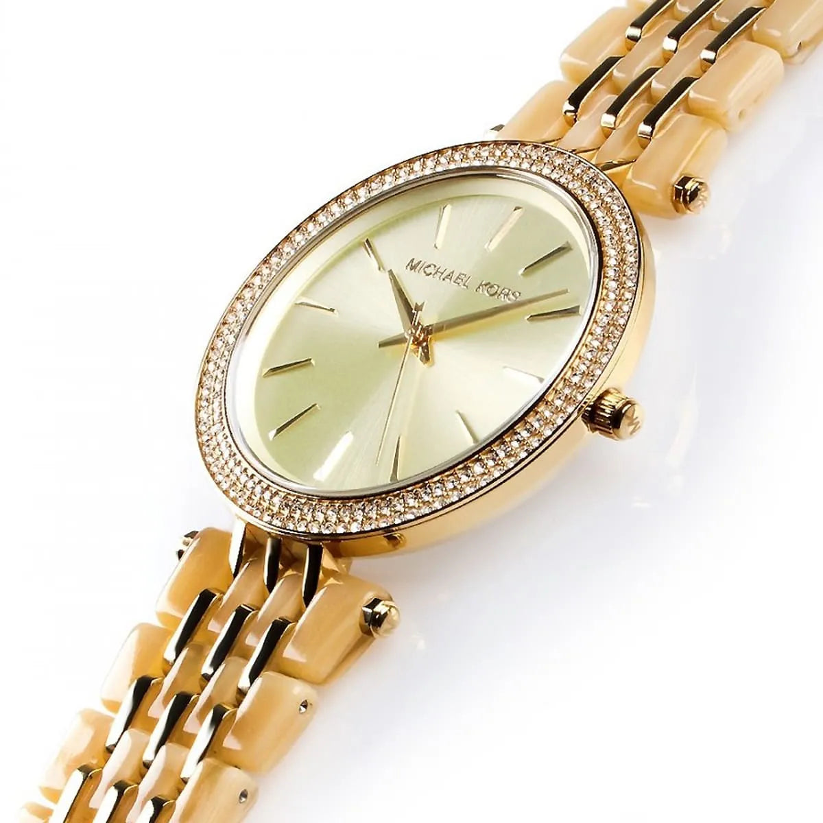 Angled view of Darci gold watch with champagne dial and multi-row gold bracelet