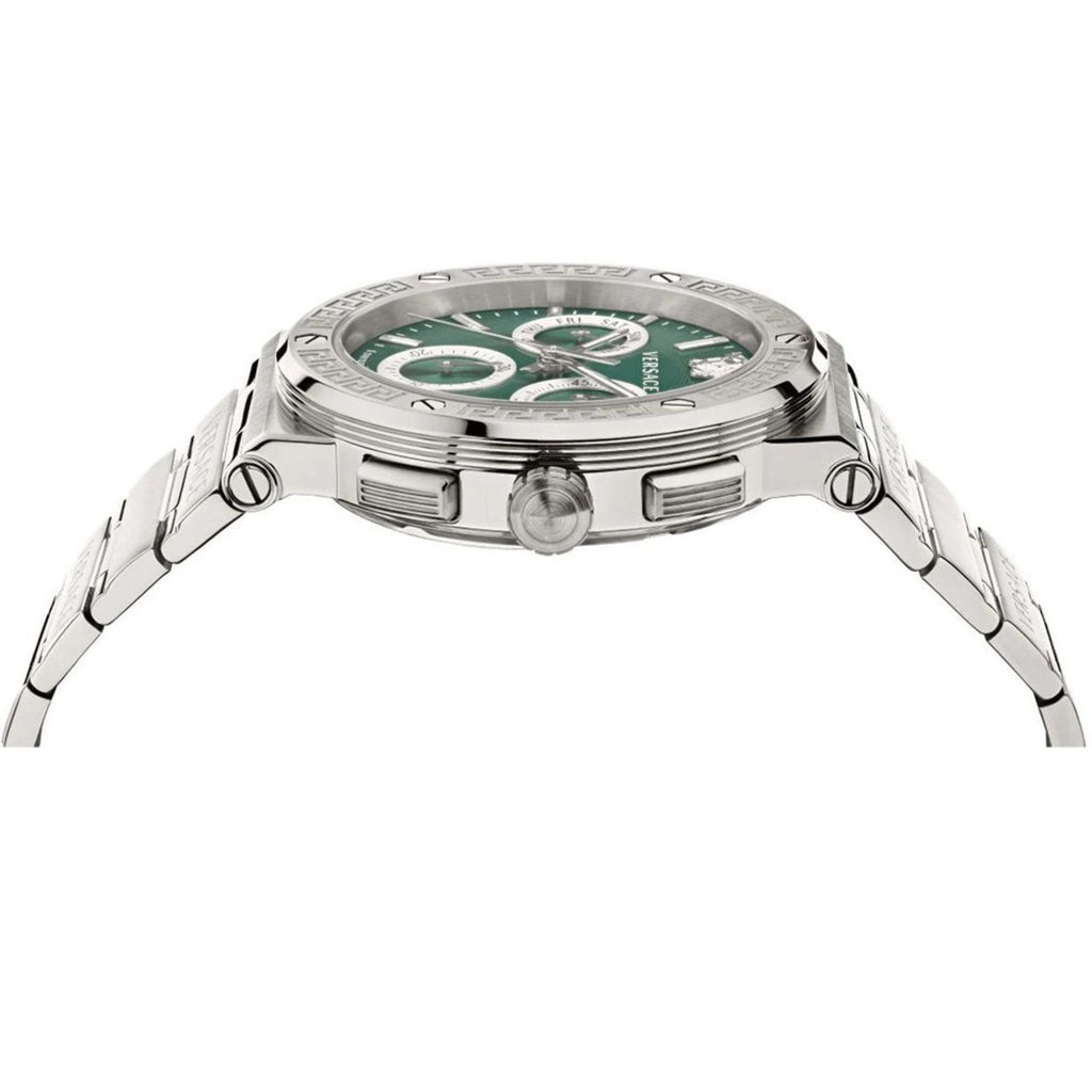 Versace Greca Logo Chrono Green Dial Silver Steel Strap Men's Watch - VEZ900121