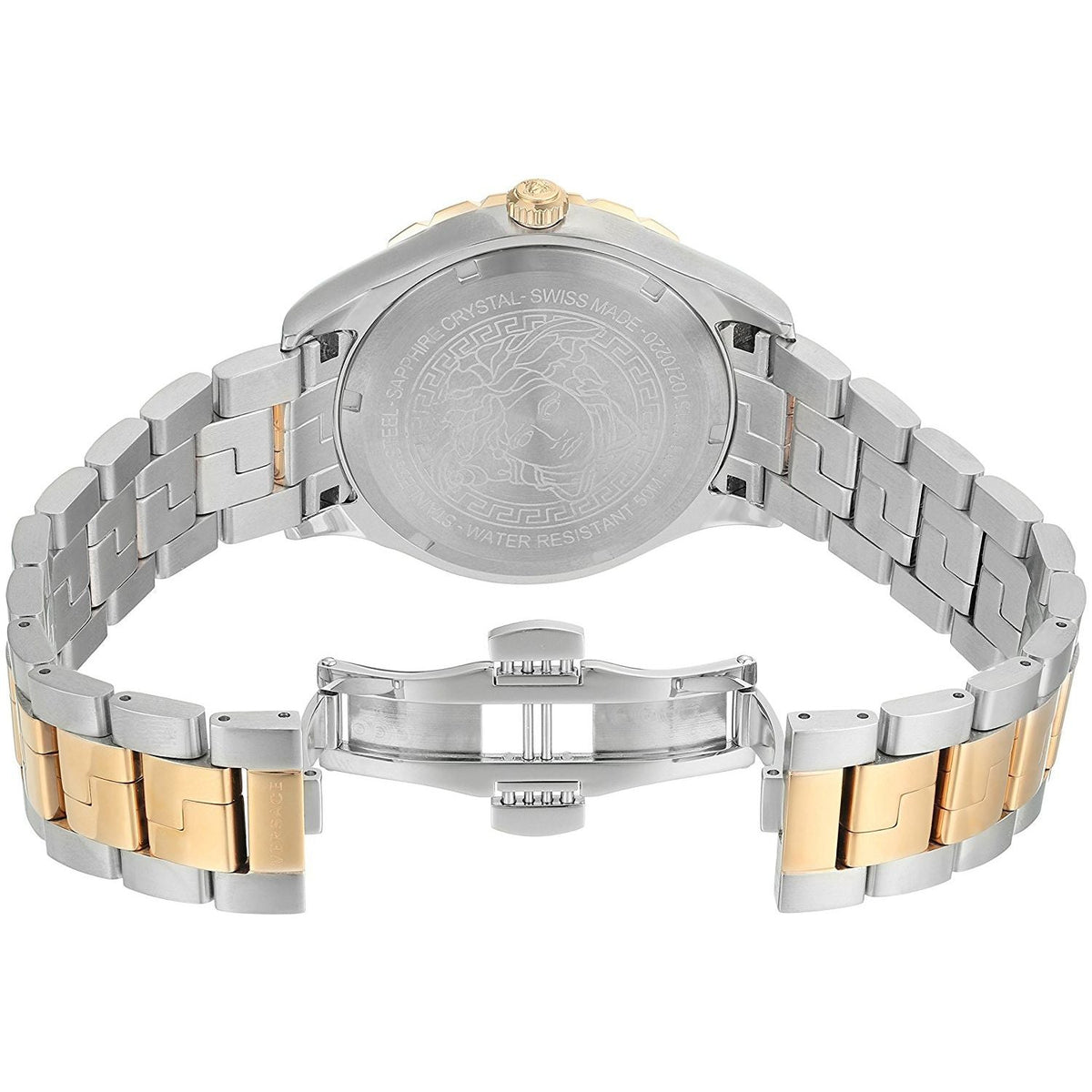 Caseback of Versace Hellenyium two-tone watch showing engraved medallion and two-tone bracelet