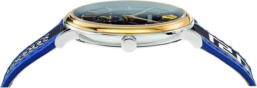 Versace V-Circle Black Dial Blue Leather Strap Men's Watch - VEBQ01419