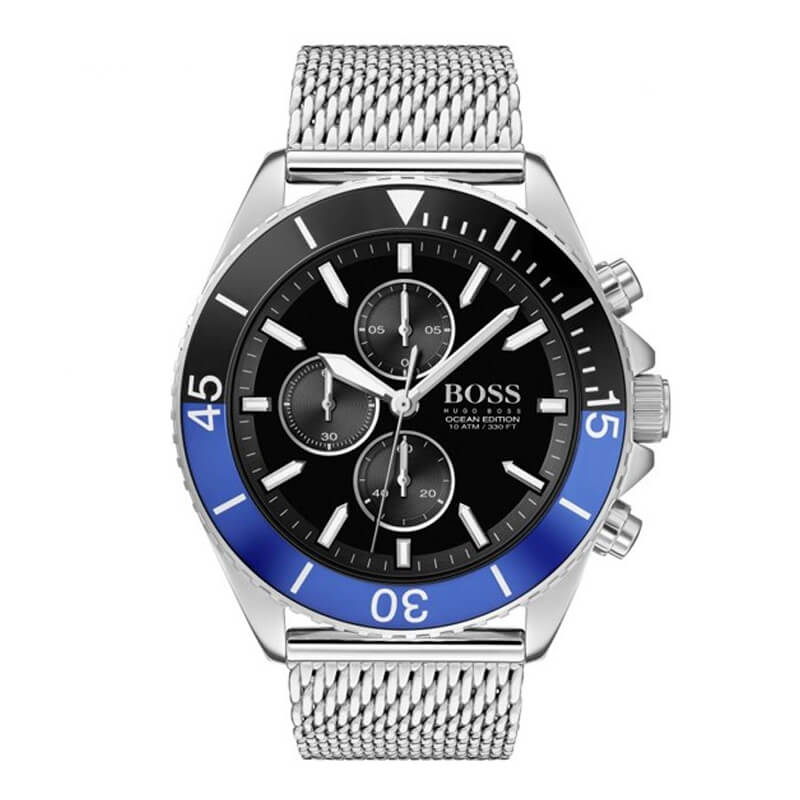 Hugo Boss Ocean Edition Chronograph Black Dial Silver Mesh Strap Watch for Men - 1513742