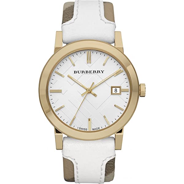 Burberry BU9015 Women's Swiss Heymarket Check Fabric and White Leather Band White Dial Women's Watch  BU9015 - Big Daddy Jewelry