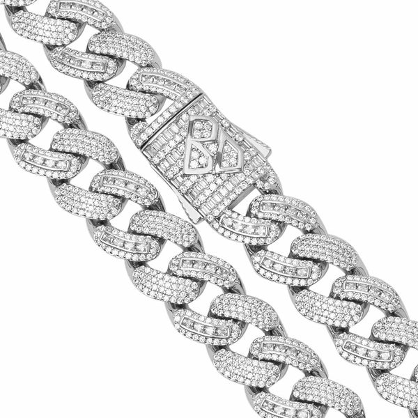 Big Daddy 12MM Baguette Iced Out Rhombus Cuban Silver Chain