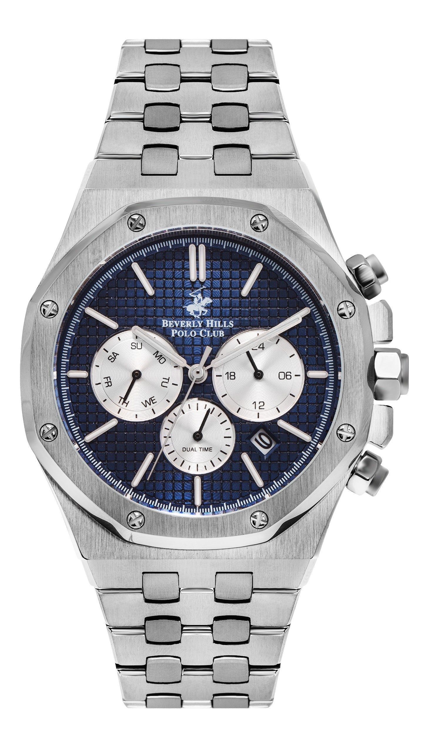 Beverly Hills Polo Club Dual Time Multifunction Blue Dial Silver Watch BP3051X.391